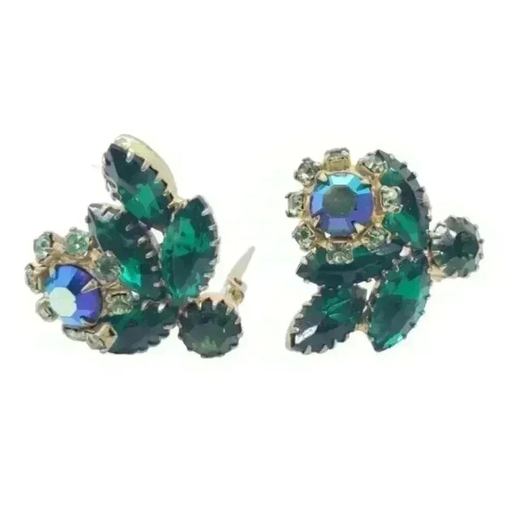 Vintage Earrings Rhinestones AB Flower Green Leaves Clip On Retro 1960s - Picture 1 of 7